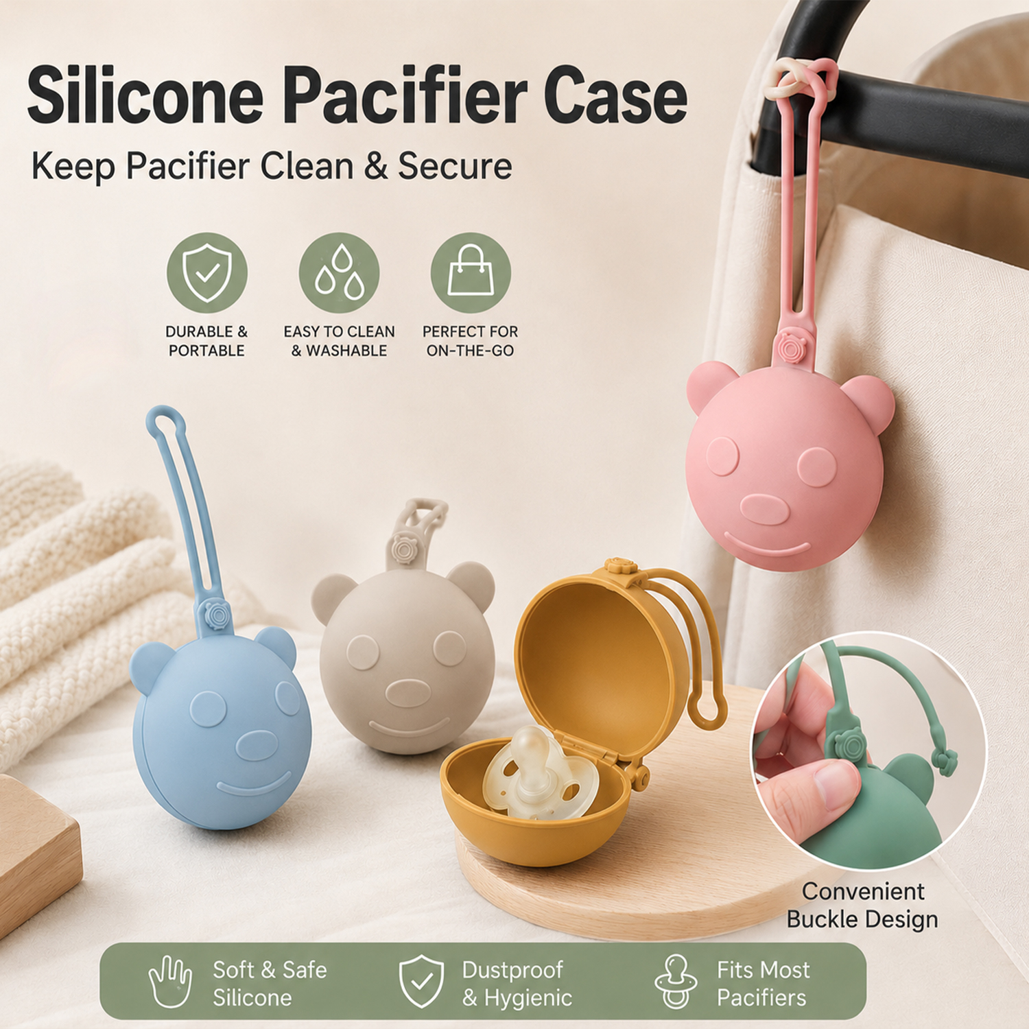 Diaper Bag Backpack - Bear-shaped portable silicone pacifier box, storage